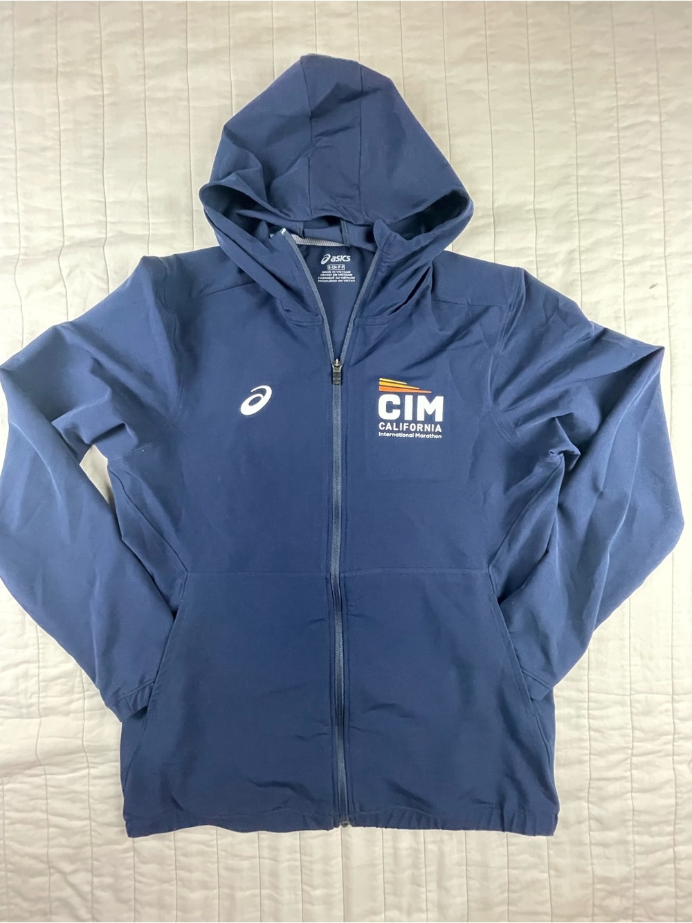ASICS Blue CIM California International Marathon Runners Zip Hooded Jacket Small